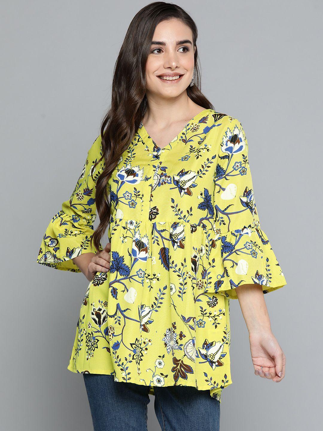 here&now-yellow-&-navy-blue-ethnic-motifs-printed-v-neck-flared-sleeves-kurti