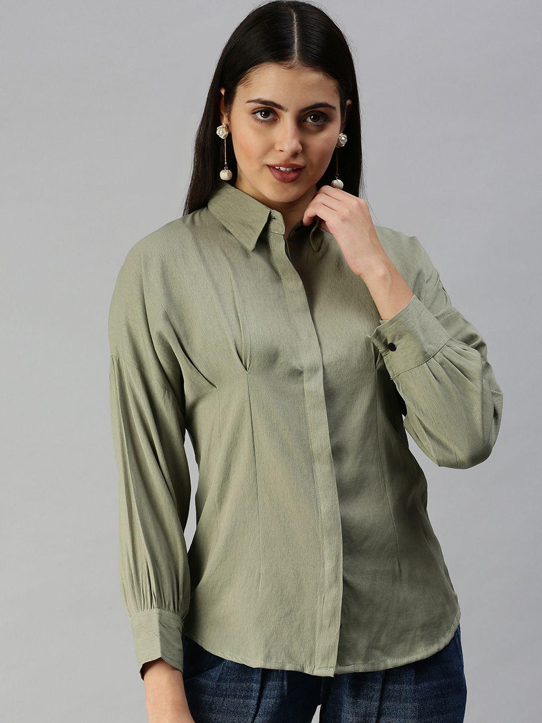 showoff-women-olive-green-comfort-slim-fit-casual-shirt