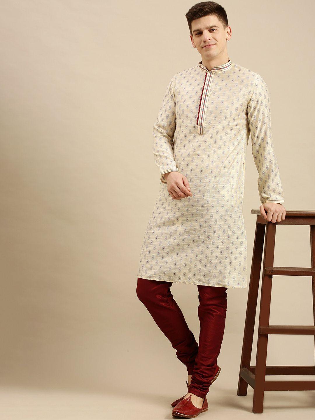 sanwara-men-cream-coloured-&-maroon-ethnic-motifs-kurta-with-churidar-&-dupatta