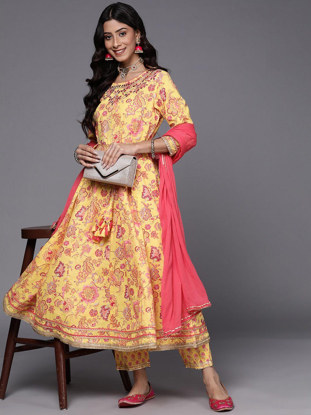 ksut-women-yellow-floral-pure-cotton-printed-mirror-work-kurta-with-trousers-&-dupatta