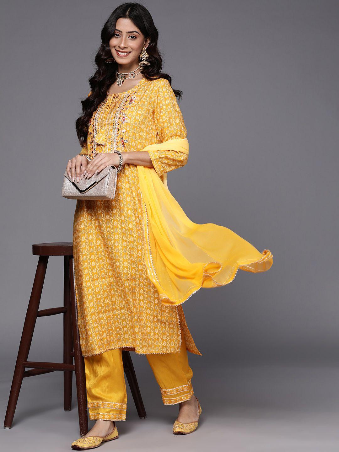 ksut-women-mustard-yellow-embroidered-raw-silk-kurta-with-trousers-&-with-dupatta