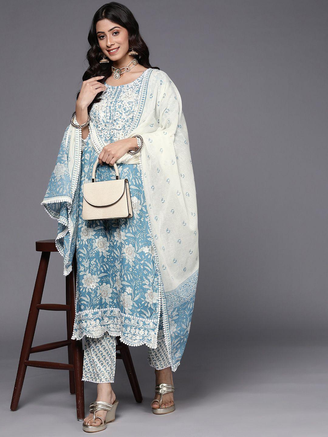 ksut-women-blue-pure-cotton-floral-embroidered-thread-work-kurta-with-trousers-&-dupatta
