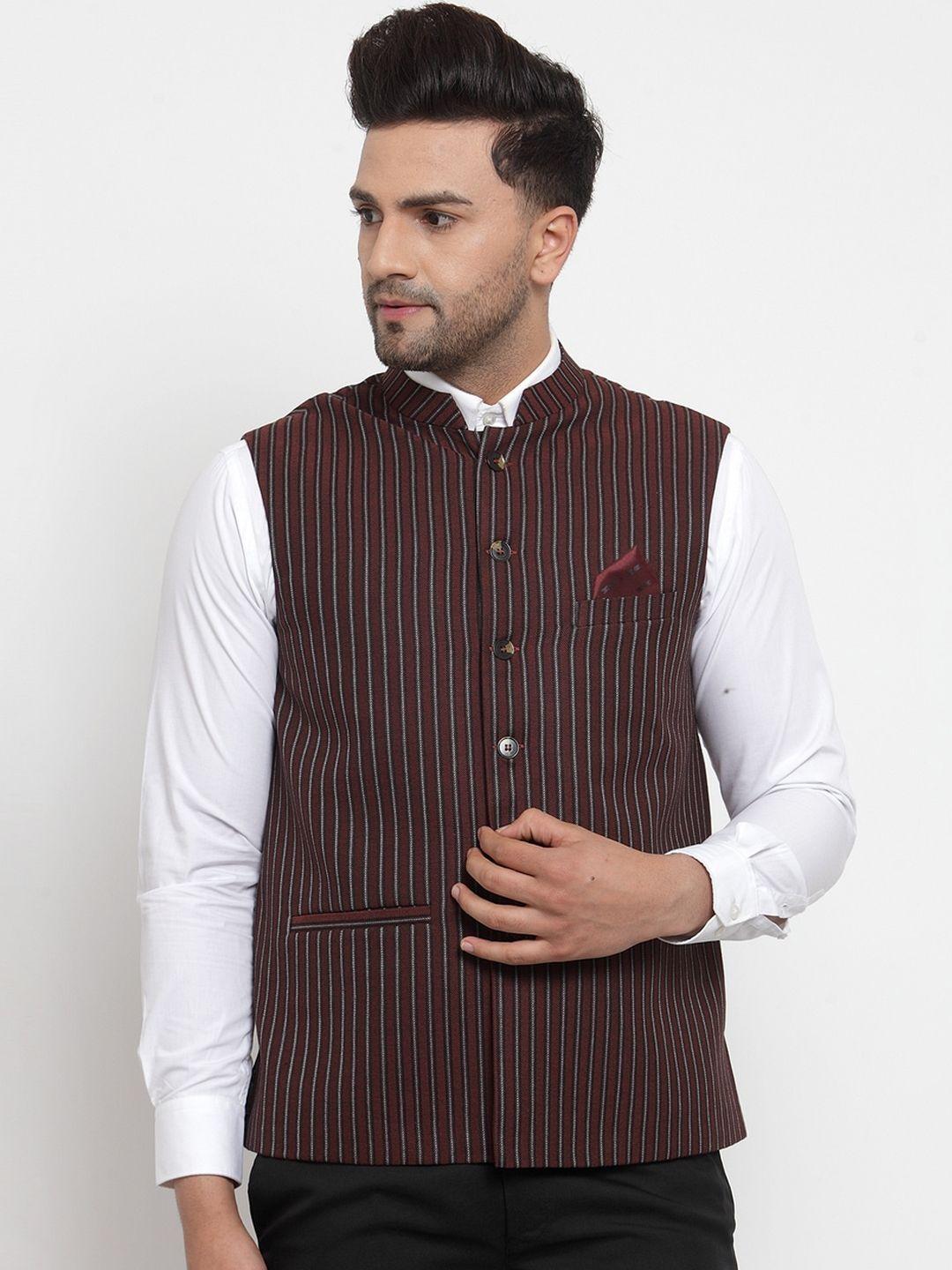 neudis-men-peach-coloured-&-brown-striped-woven-nehru-jacket