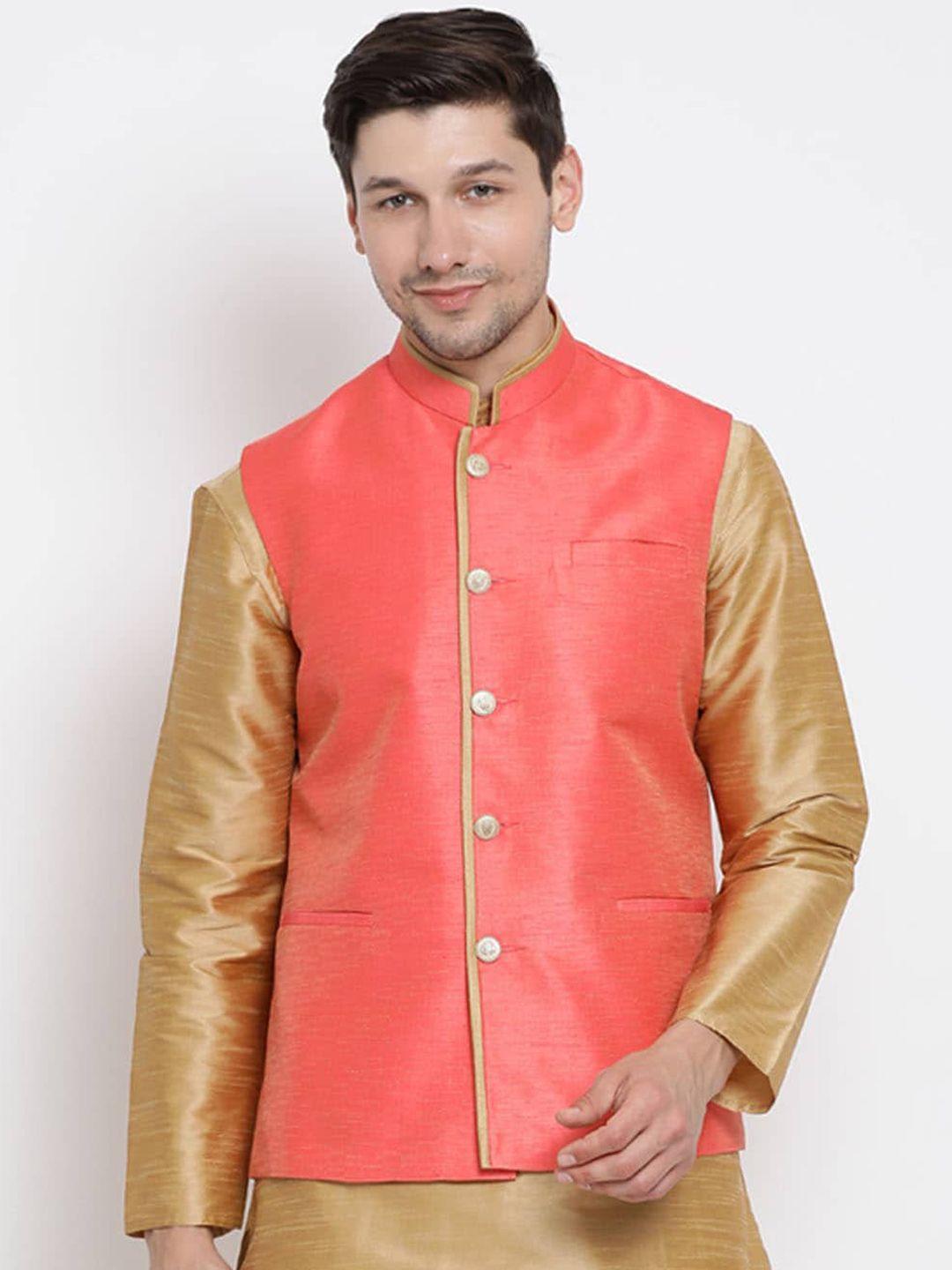 vastramay-men-coral-coloured-solid-slim-fit-woven-nehru-jacket