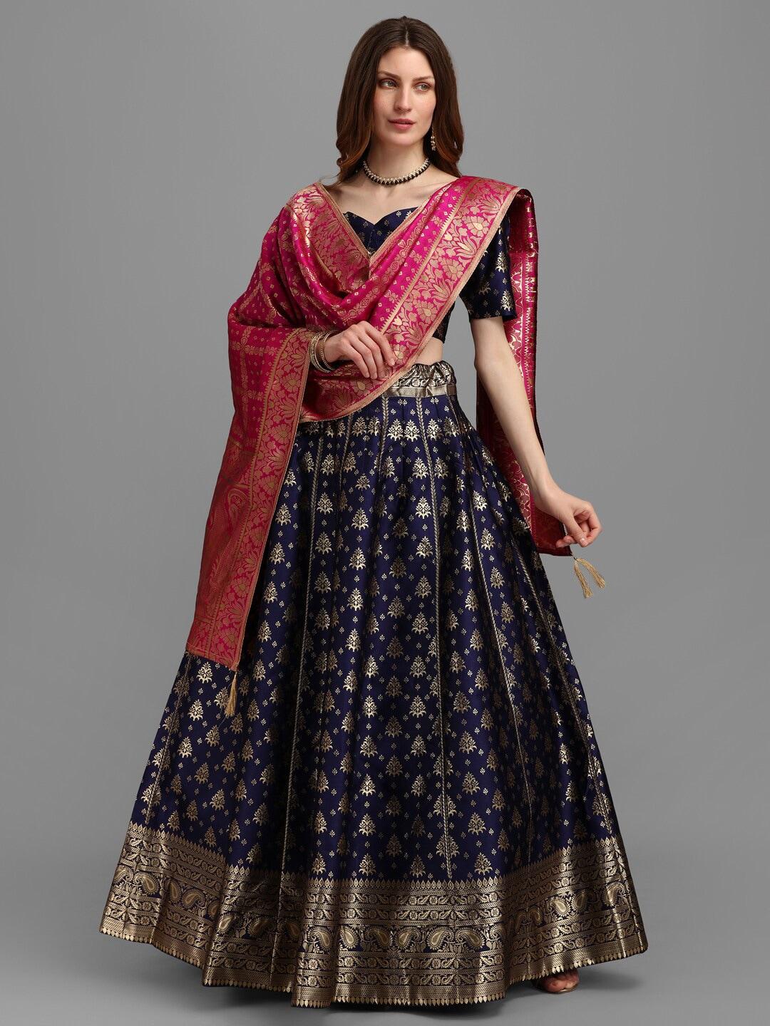 purvaja-navy-blue-&-pink-semi-stitched-lehenga-&-unstitched-blouse-with-dupatta