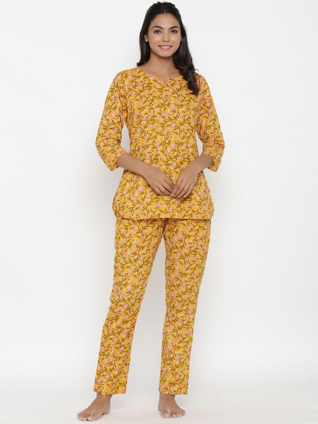 do-dhaage-women-mustard-yellow-floral-printed-cotton-night-suit