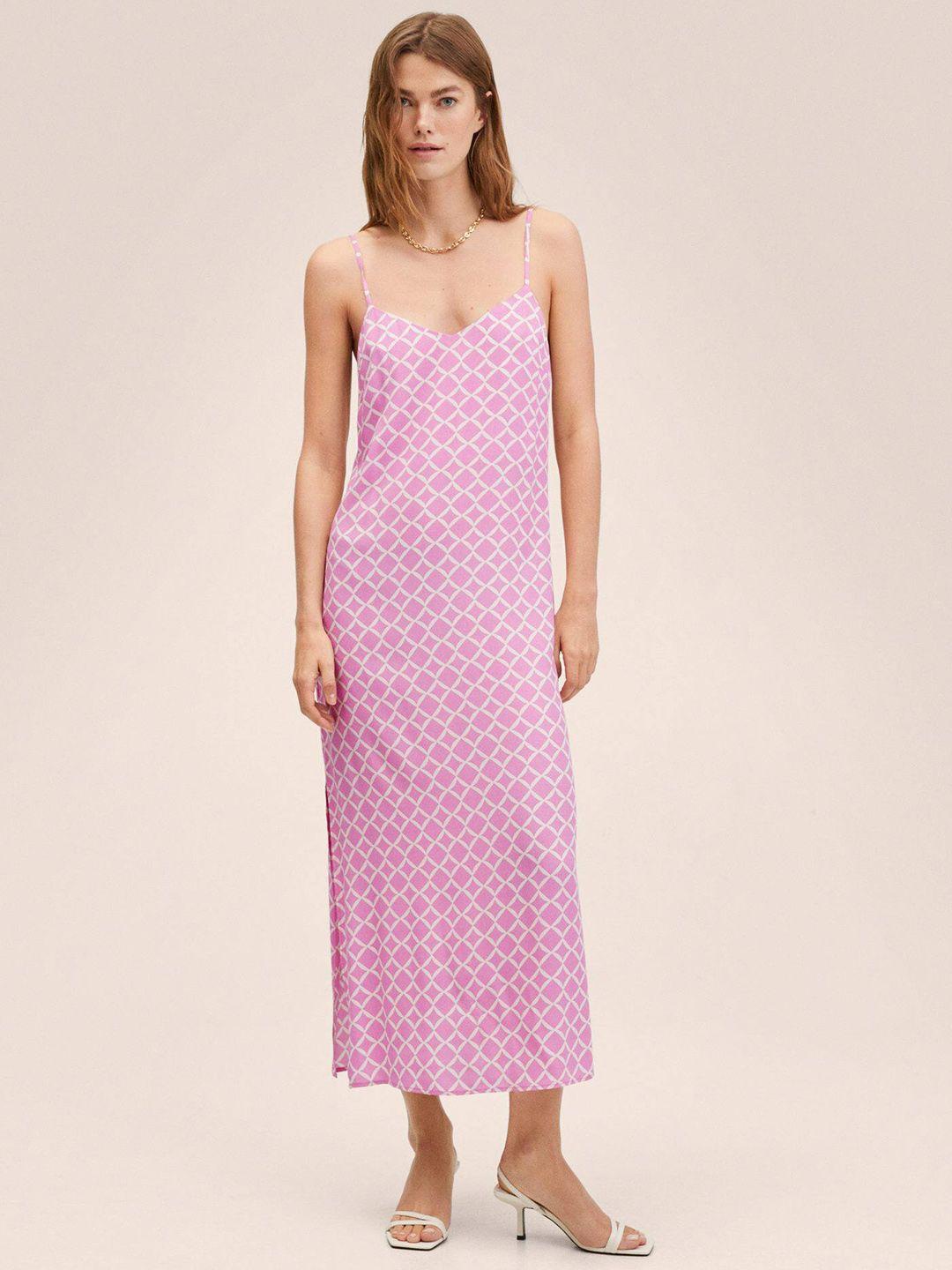mango-women-pink-&-white-geometric-print-shoulder-straps-side-slits-a-line-midi-dress