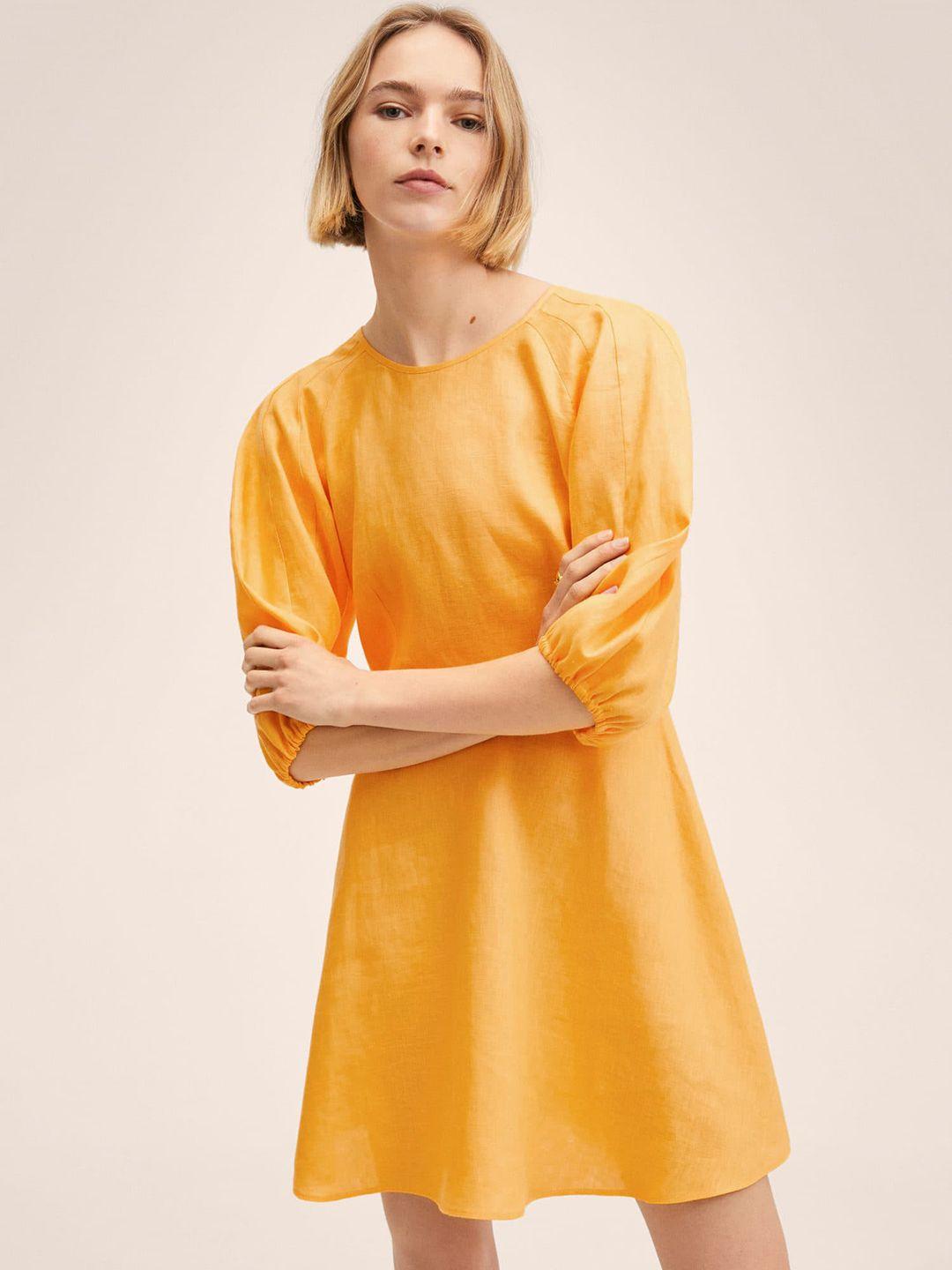 mango-women-mustard-yellow-solid-a-line-mini-dress-with-styled-back