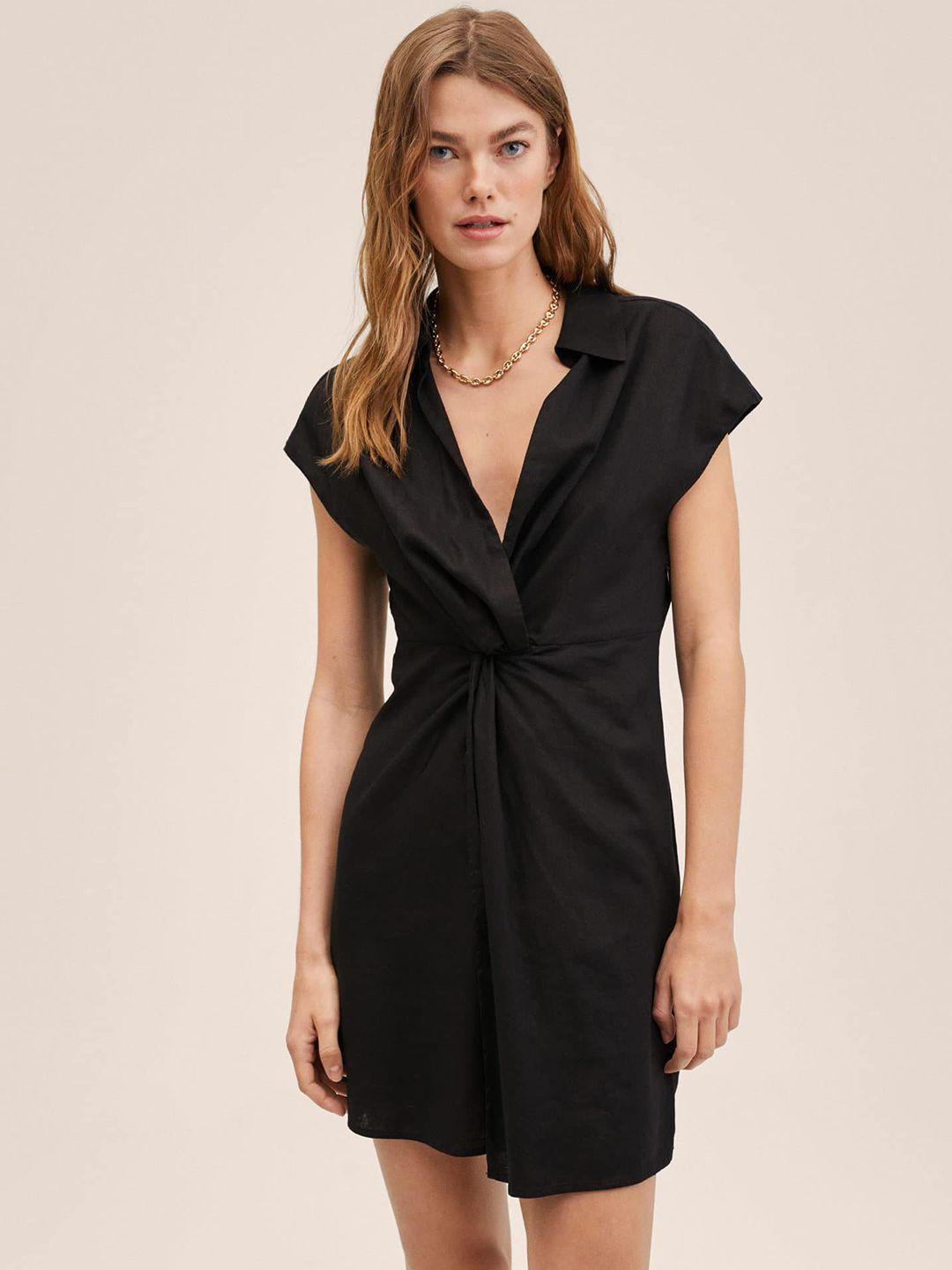 mango-women-black-solid-shirt-collar-wrap-dress