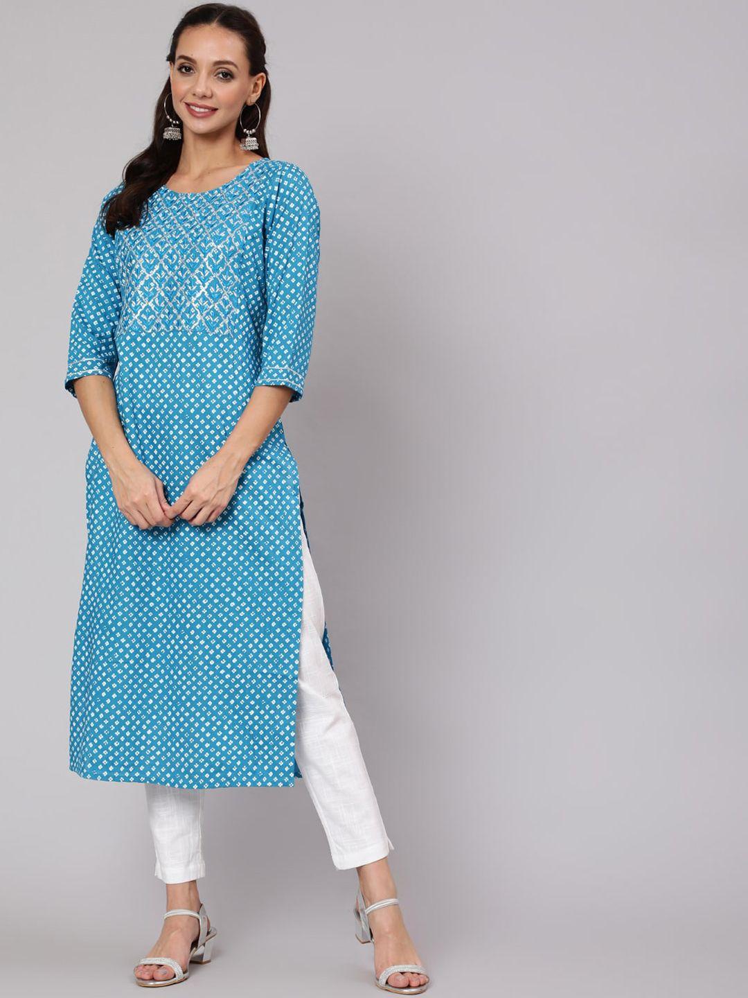 jaipur-kurti-women-turquoise-blue-bandhani-embroidered-thread-work-kurta-with-trousers