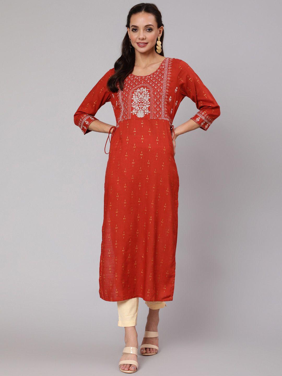 jaipur-kurti-women-rust-ethnic-motifs-embroidered-kurta-with-trousers