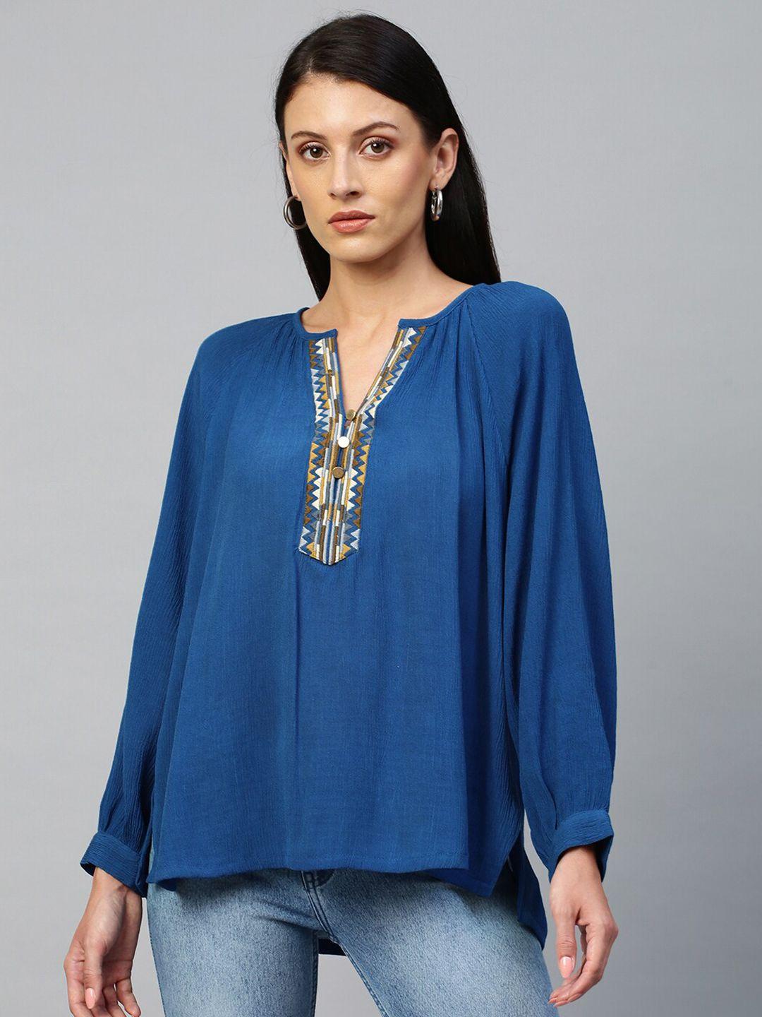 chemistry-blue-crinkle-rayon-embroidered-tunic