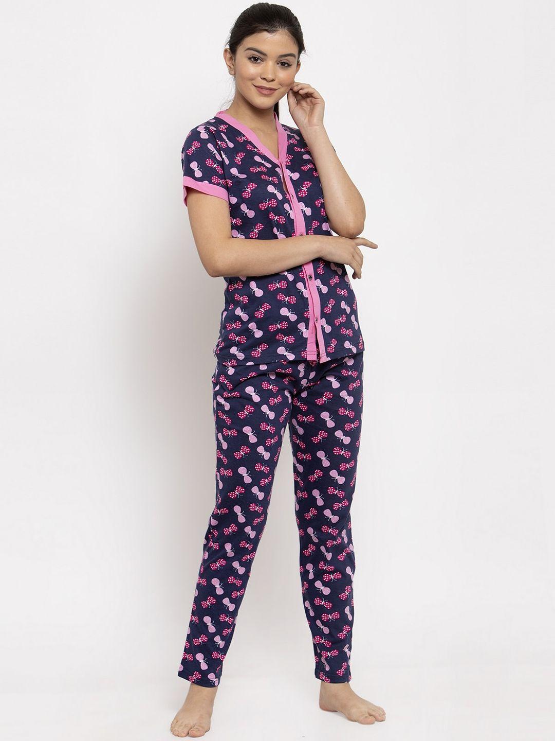claura-women-navy-blue-&-pink-printed-night-suit-100%-cotton