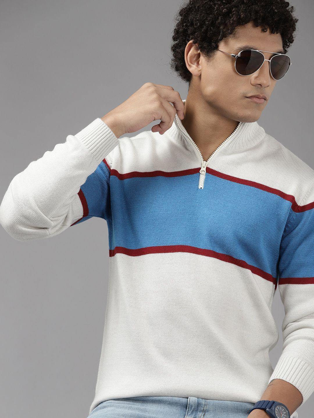 the-roadster-lifestyle-co.-men-off-white-&-blue-acrylic-striped-half-zipper-pullover