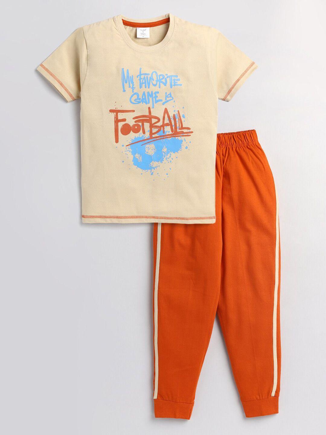 todd-n-teen-boys-cream-coloured-&-rust-printed-t-shirt-with-trousers