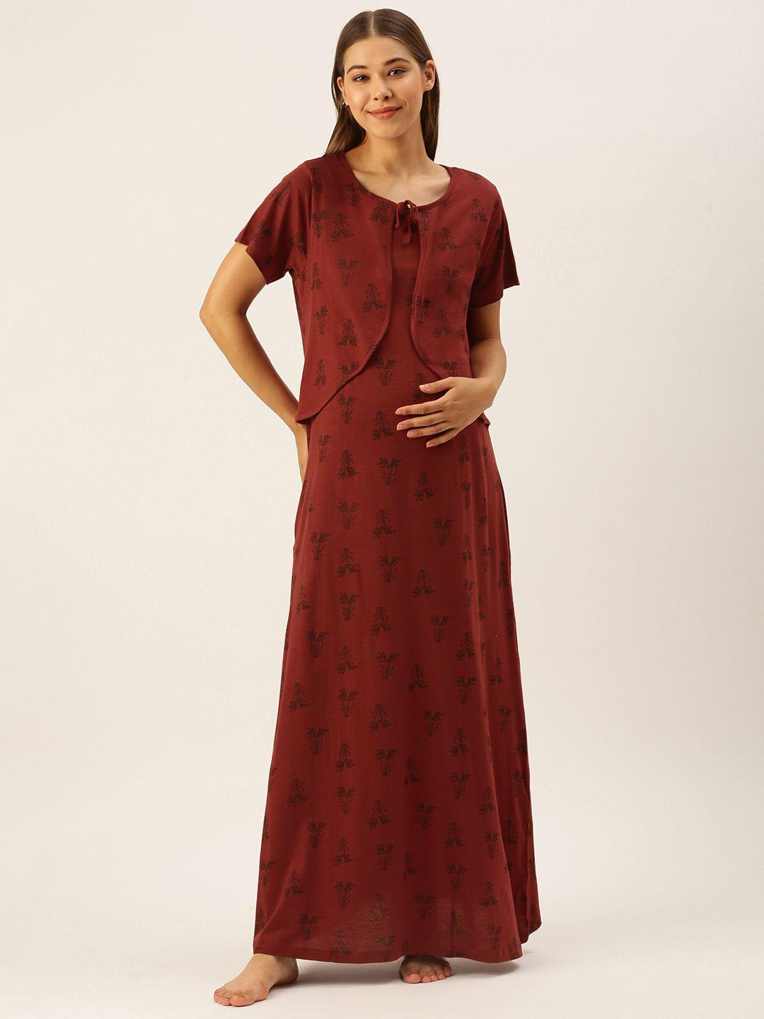 nejo-maroon-floral-print-bow-detail-layered-cotton-maxi-maternity-nightdress