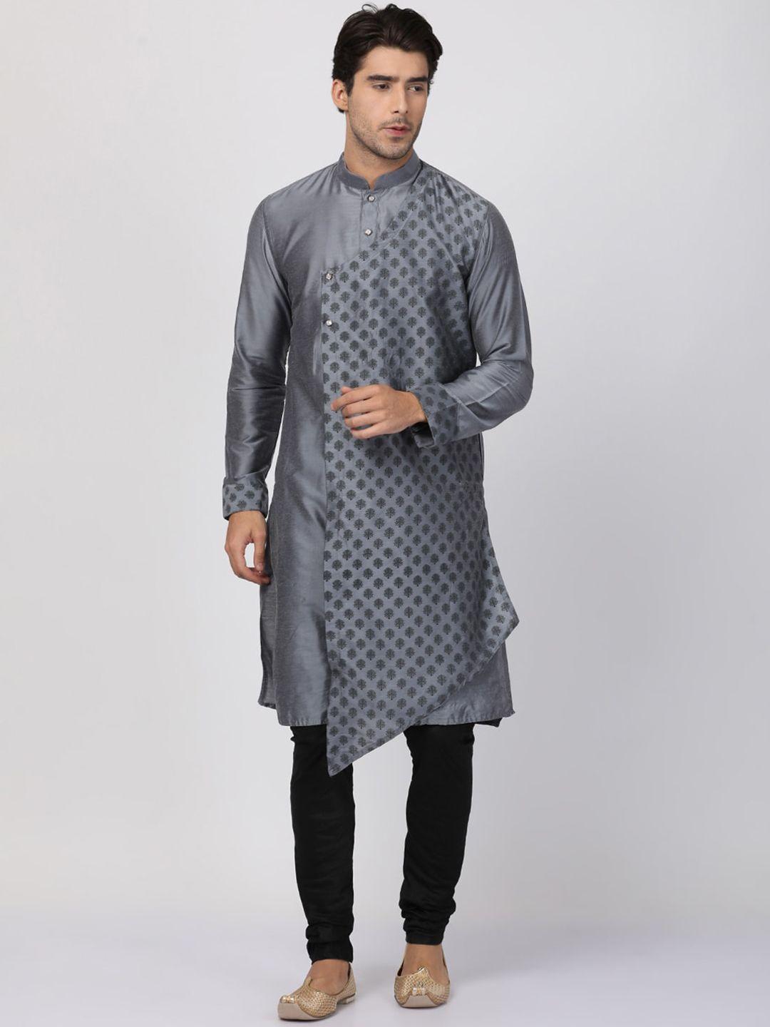 vastramay-men-grey-&-black-cotton-blend-ethnic-motifs-kurta-with-churidar