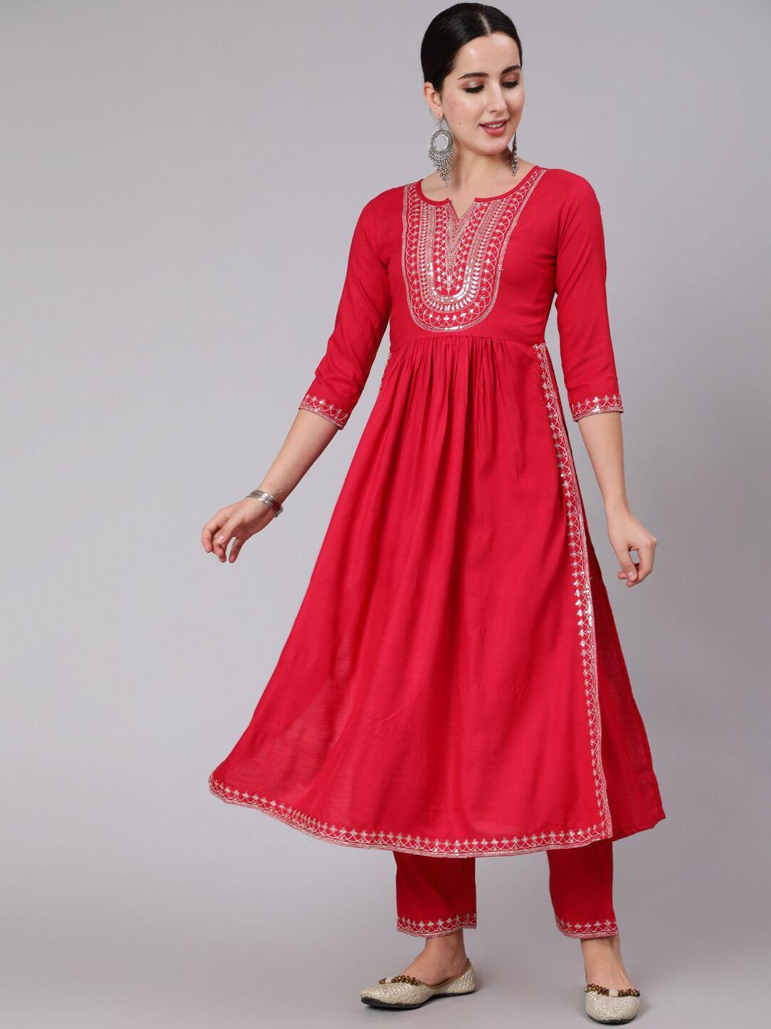 kimayra-women-coral-floral-yoke-design-pleated-kurti-with-trousers-&-with-dupatta