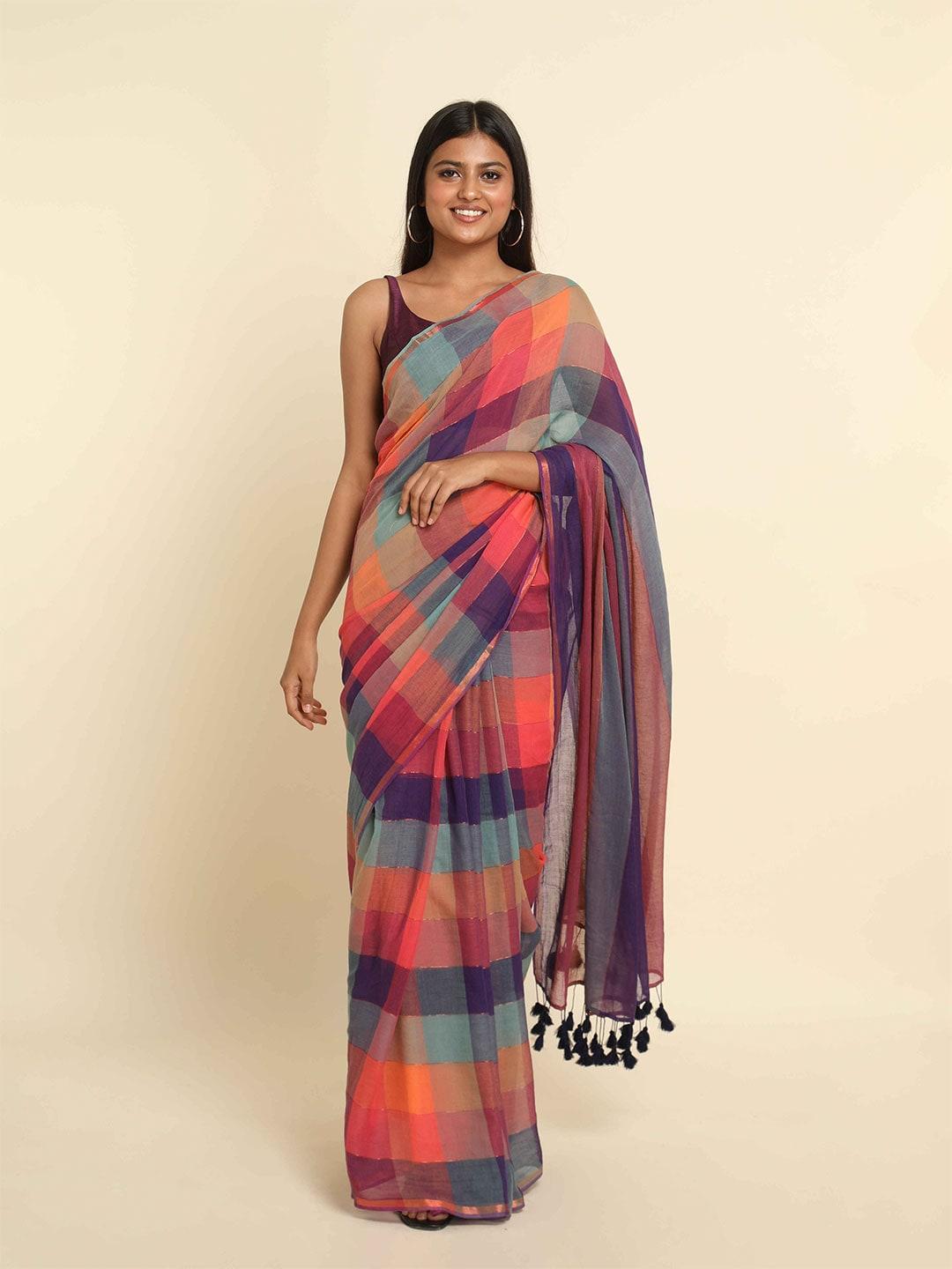 suta-multicoloured-checked-cotton-blend-saree