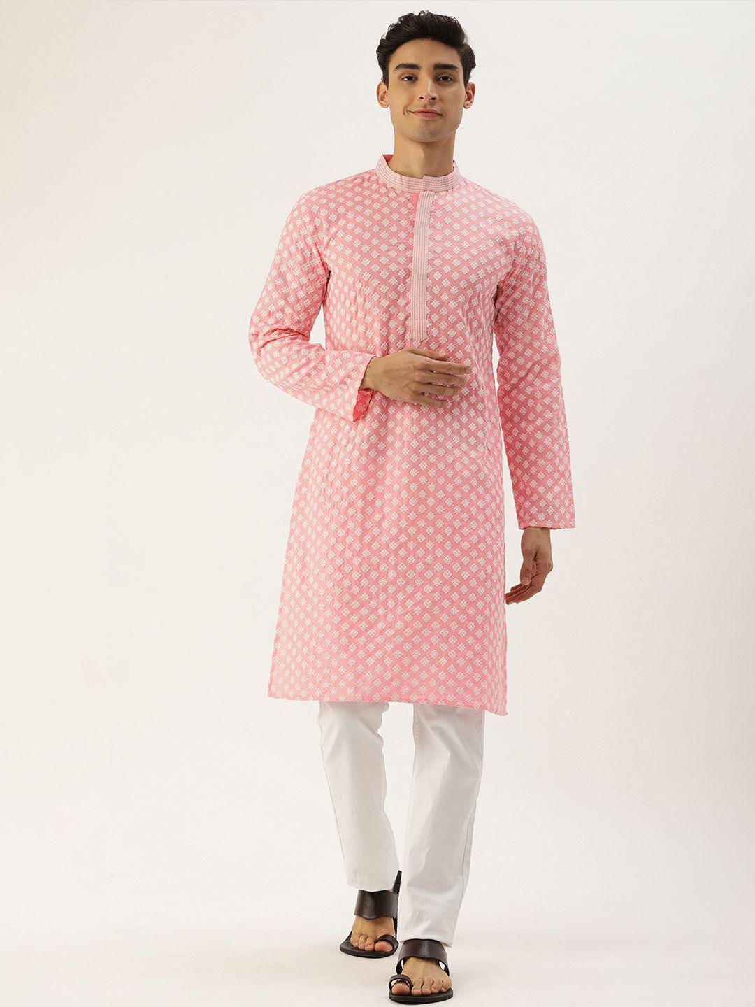 swagg-india-men-pink-&-white-ethnic-motifs-embroidered-chikankari-kurta
