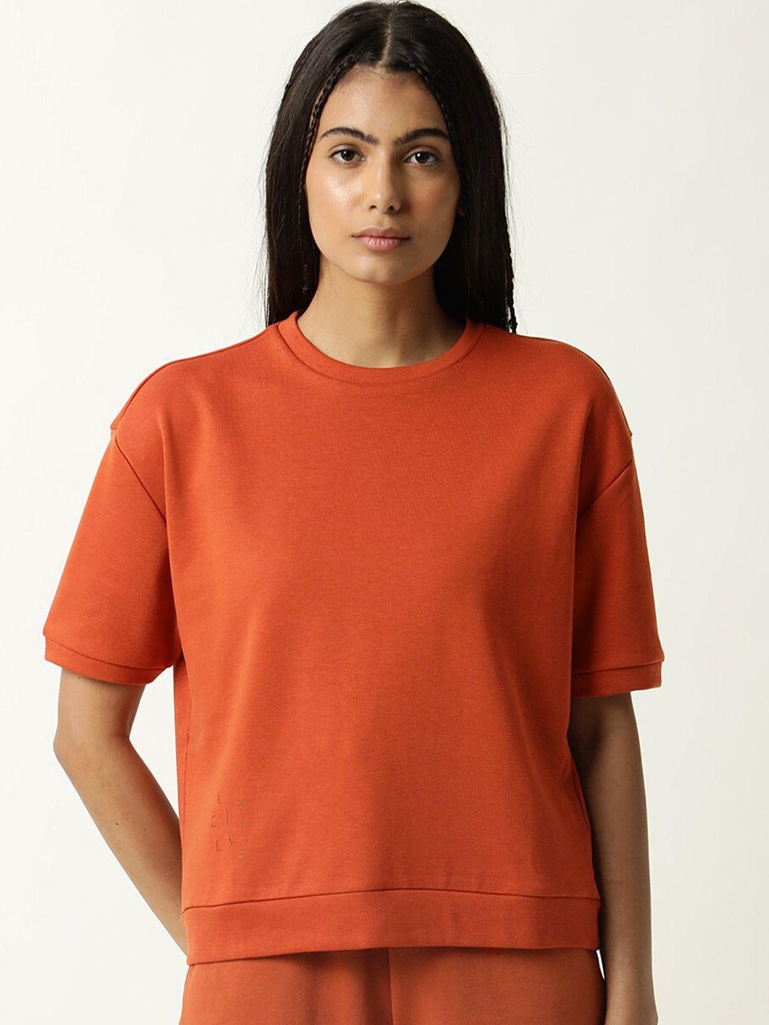 articale-women-orange-drop-shoulder-sleeves-slim-fit-t-shirt
