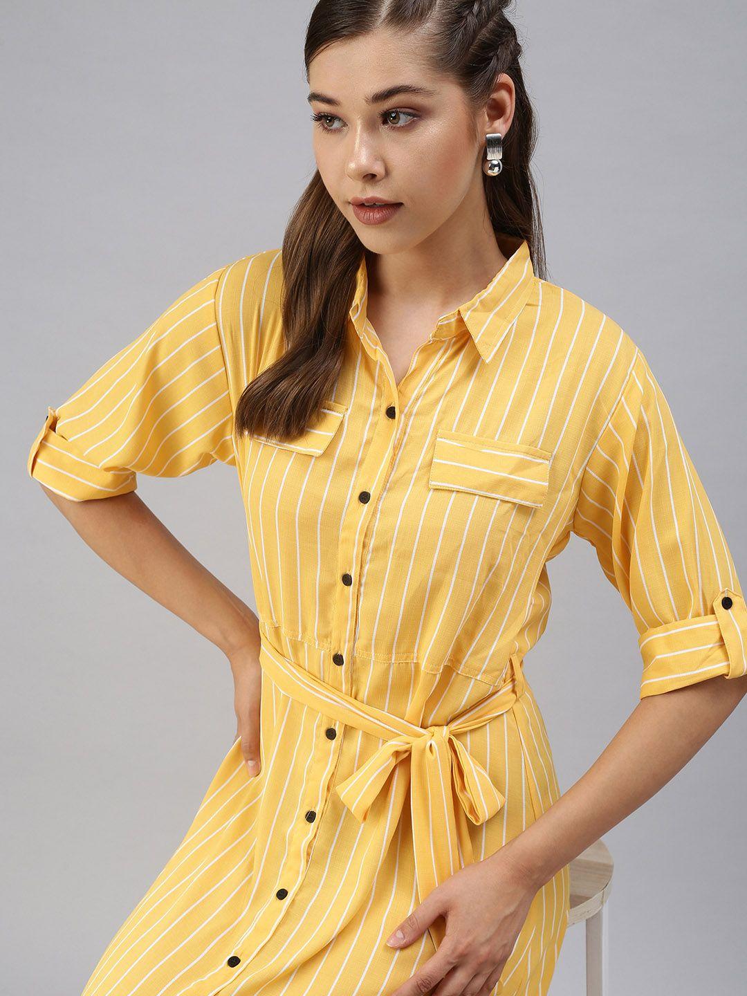 showoff-women-yellow-striped-crepe-shirt-midi-dress