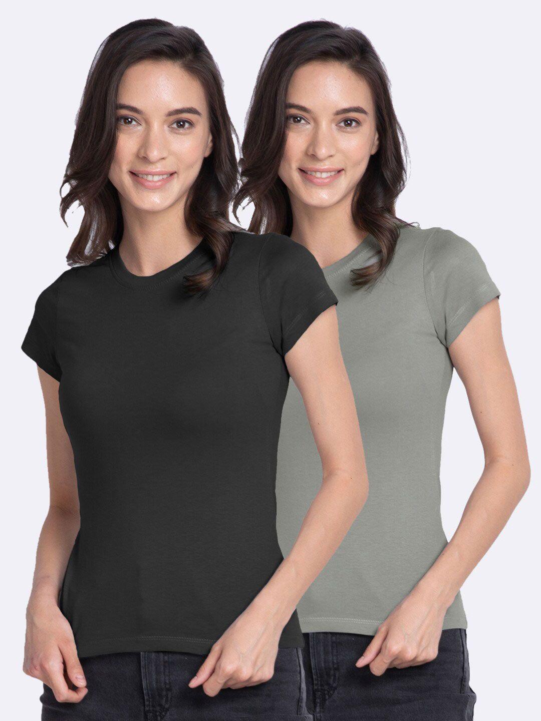 bewakoof-women-grey-&-onyx-2-v-neck-slim-fit-t-shirt
