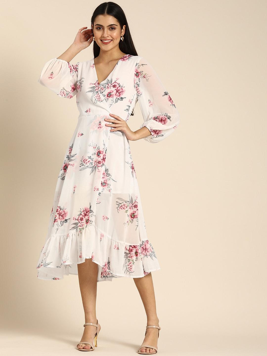 dodo-&-moa-white-&-pink-floral-print-georgette-midi-dress