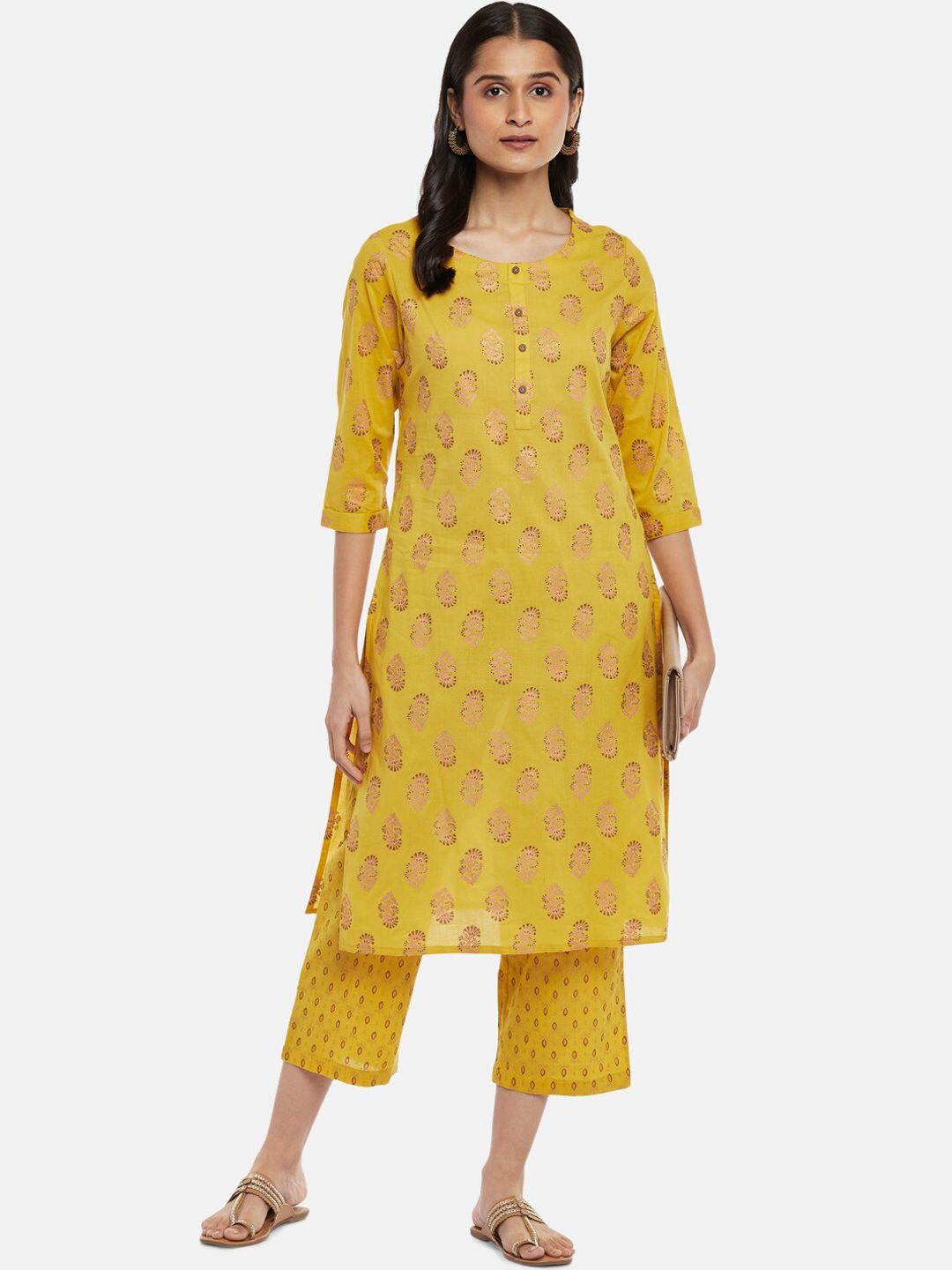 rangmanch-by-pantaloons-women-yellow-printed-pure-cotton-kurti-with-trousers
