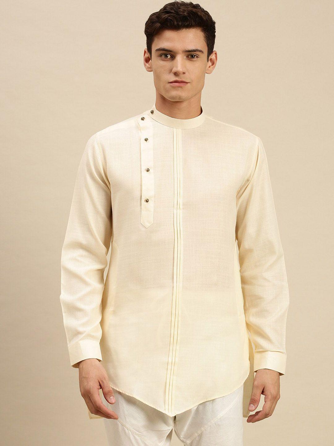 sanwara-men-beige-solid-pleated-design-kurta