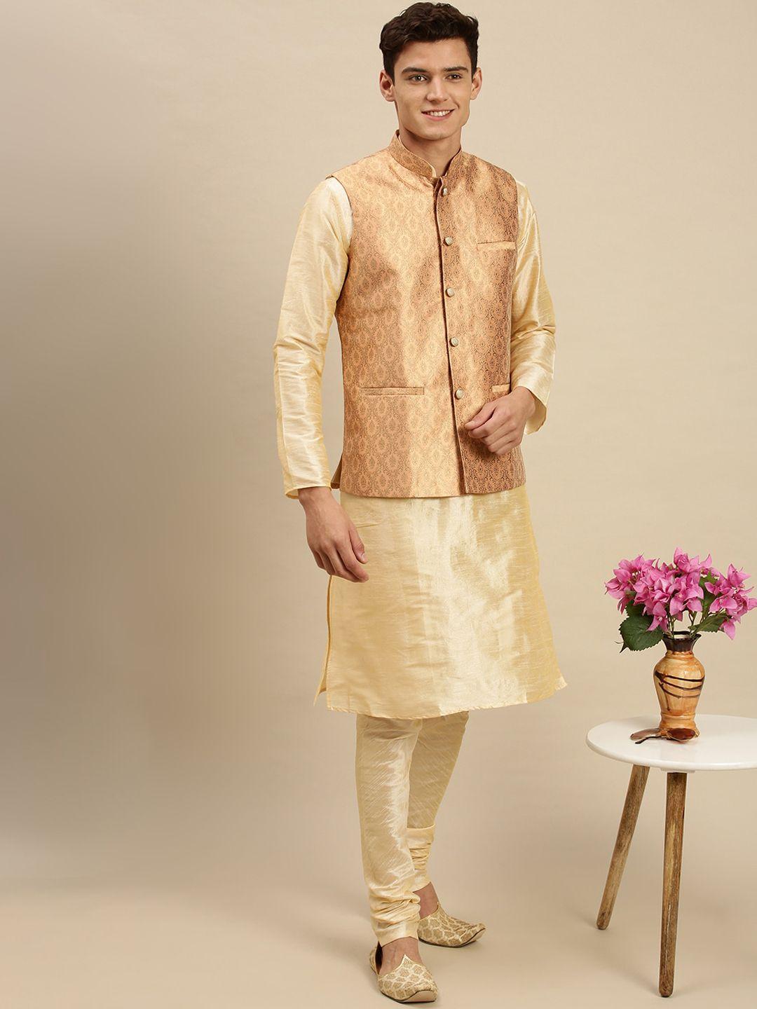 sanwara-men-peach-colored-woven-design-nehru-jacket