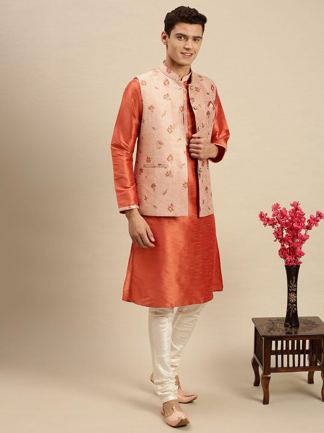 sanwara-men-peach-coloured-kurta-nehru-jacket-set-with-churidar
