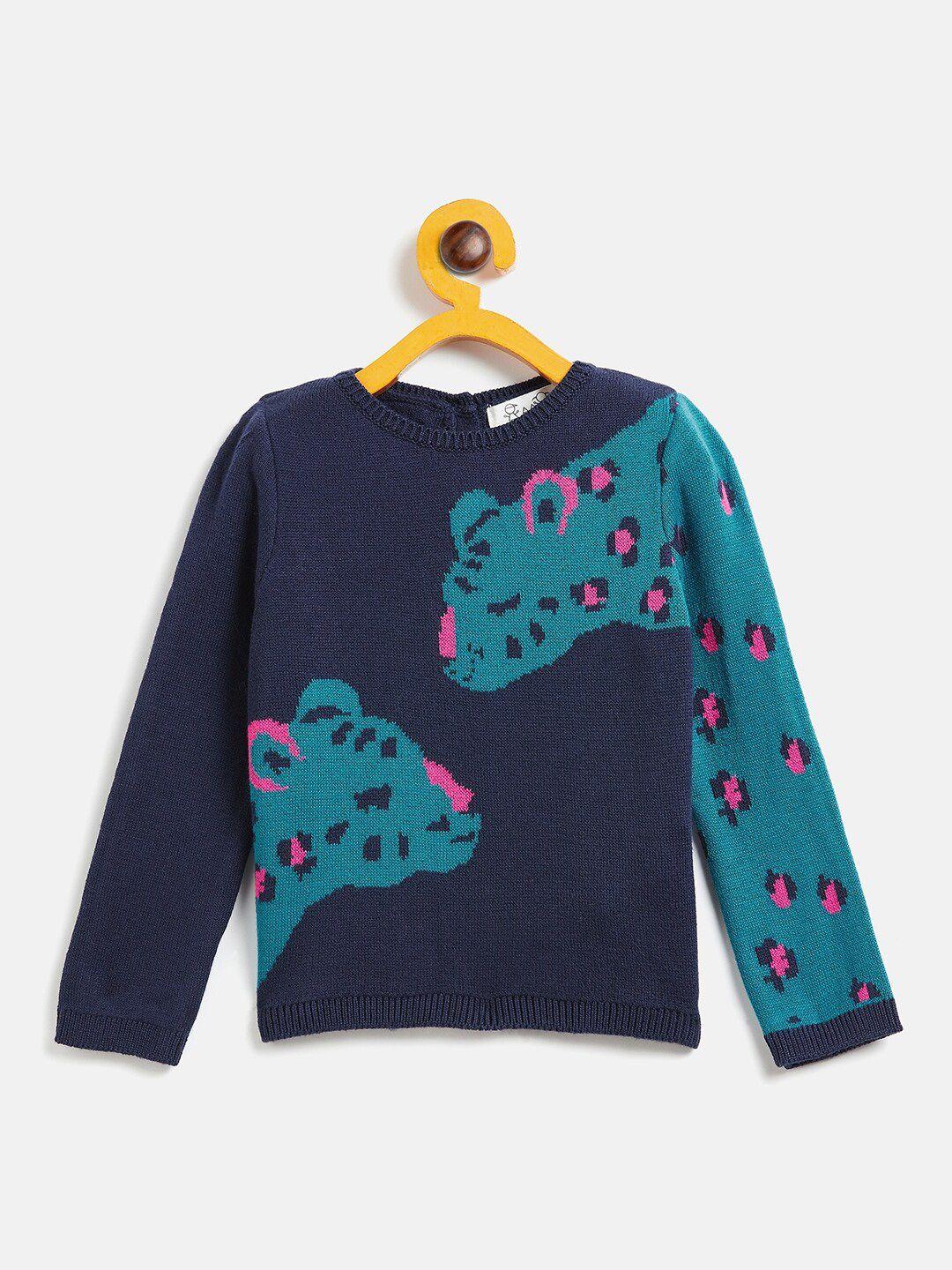 jwaaq-unisex-kids-navy-blue-&-pink-animal-printed-pullover
