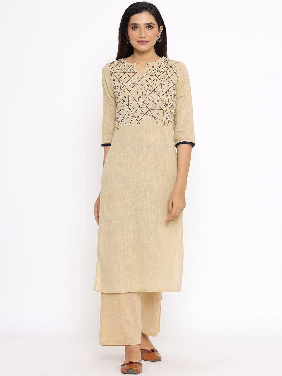 saart-bunaai-women-beige-floral-embroidered-pleated-pure-cotton-kurti-with-trousers