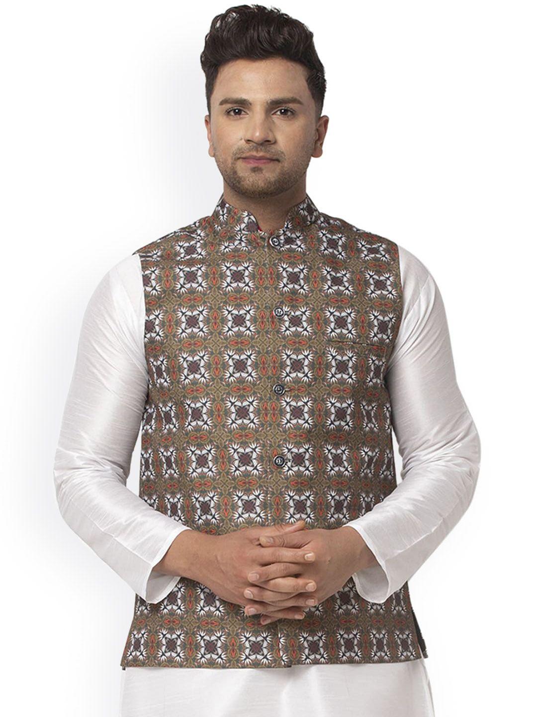 benstoke-men-brown-&-white-printed-woven-nehru-jacket