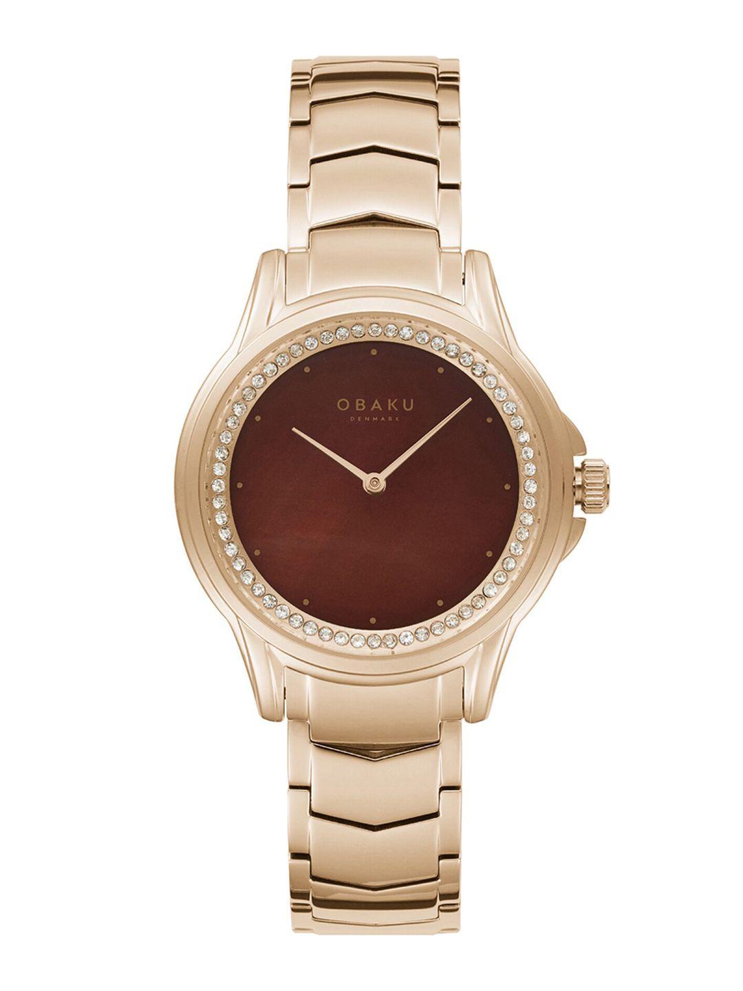 obaku-women-brown-brass-embellished-dial-&-rose-gold-toned-stainless-steel-bracelet-style-straps-analogue-watch