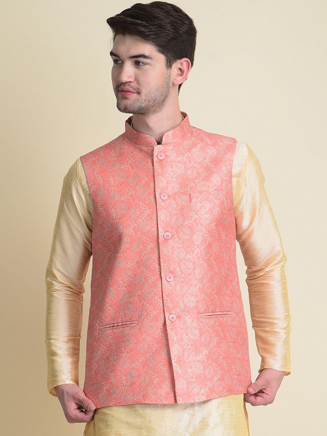 namaskar-men-peach-coloured-printed-woven-nehru-jackets
