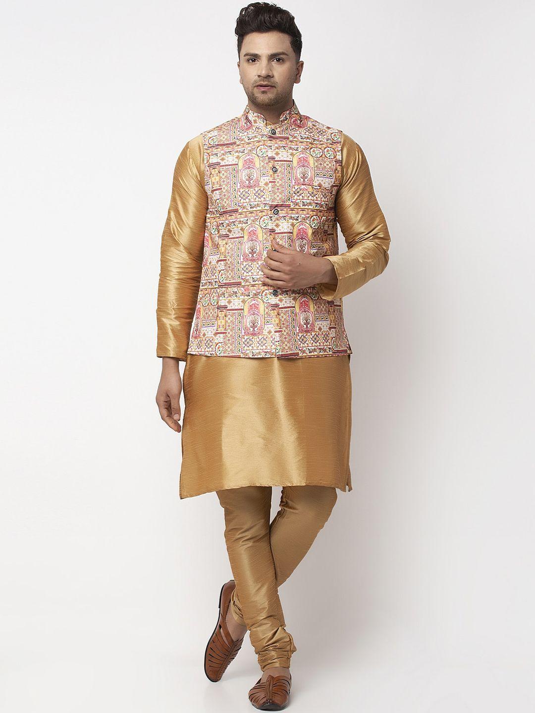 benstoke-men-copper-toned-kurta-with-churidar-nehru-jacket-set