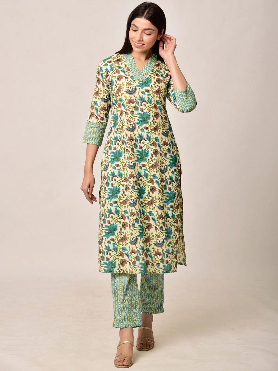 ikk-kudi-by-seerat-women-beige-floral-printed-pure-cotton-kurta-with-trousers