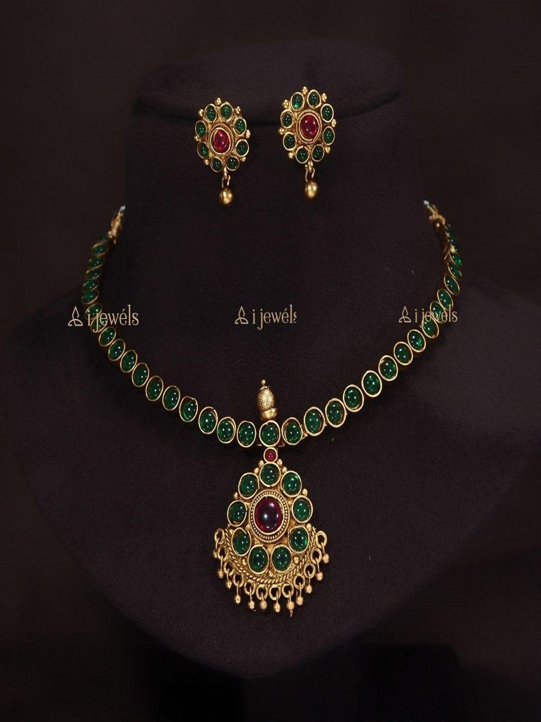 i-jewels-gold-plated-&-green-floral-studded-jewellery-set