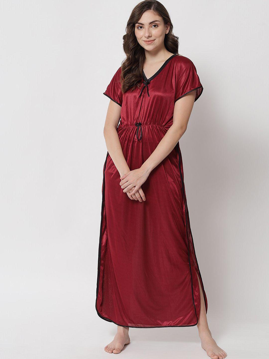 klamotten-women-maroon-solid-v-neck-maxi-nightdress