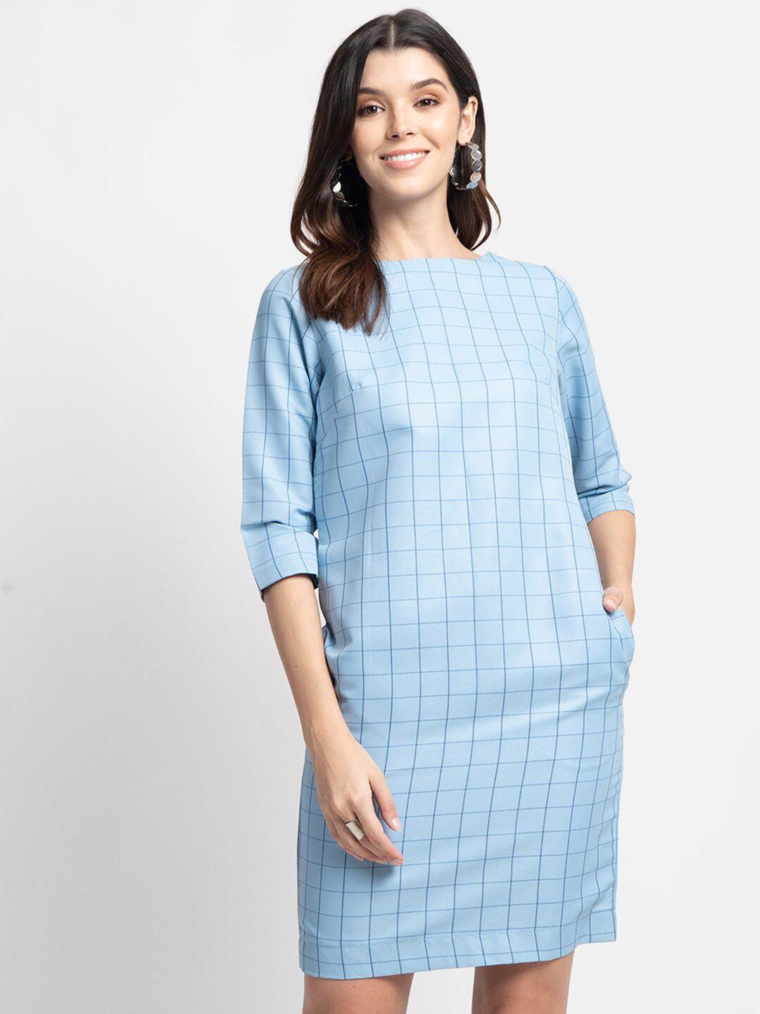 powersutra-women-blue-checked-cotton-sheath-dress