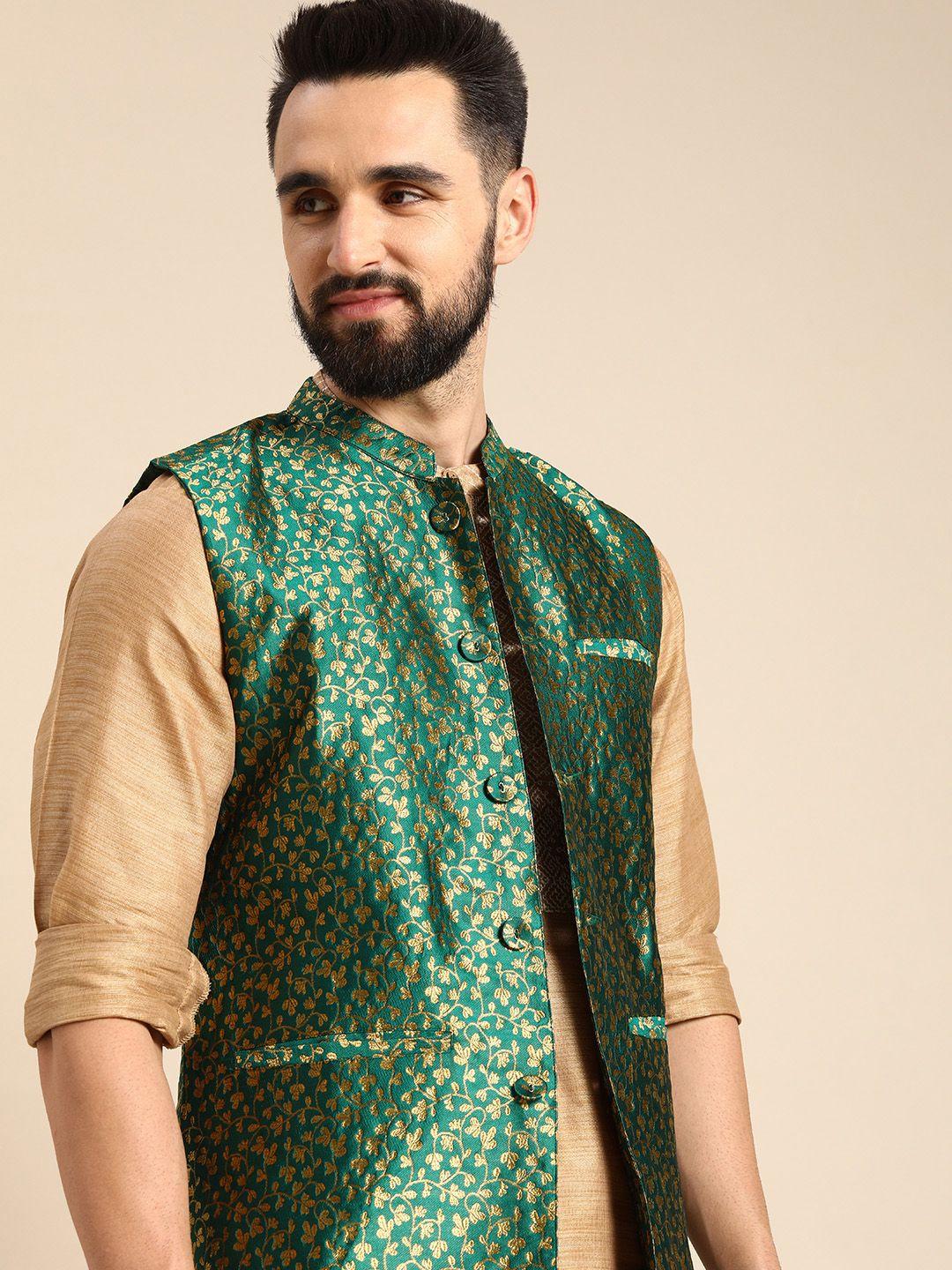 anouk-men-teal-green-&-golden-woven-design-nehru-jacket