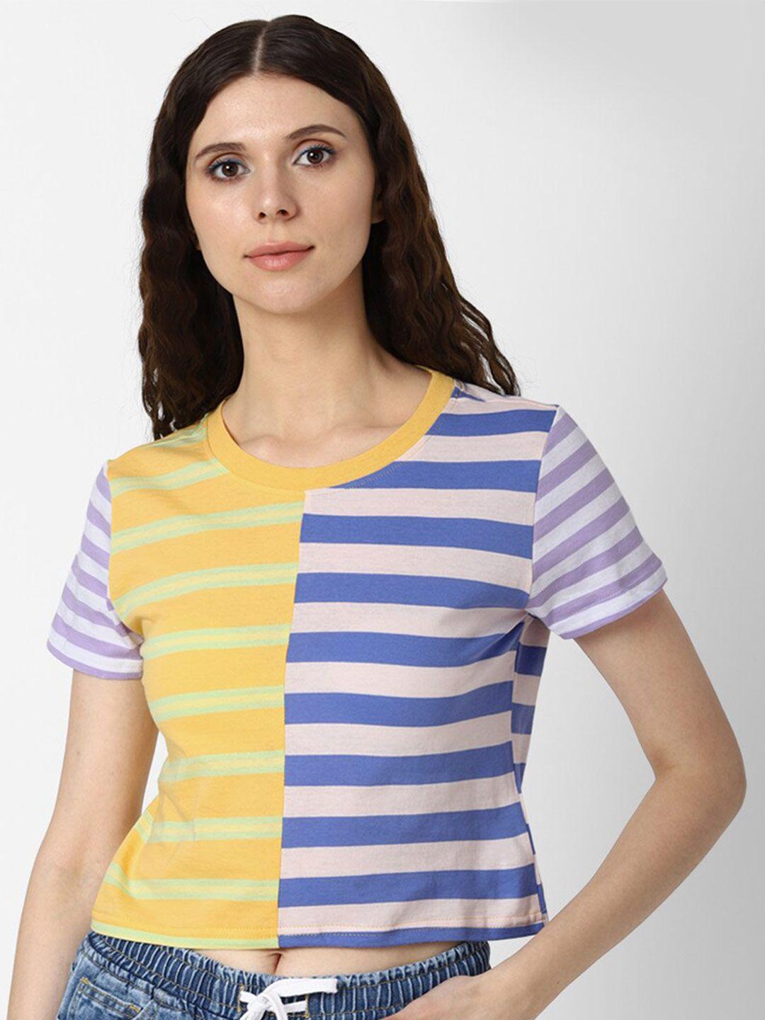 forever-21-women-yellow-&-blue-colourblocked-horizontal-striped-crop-top