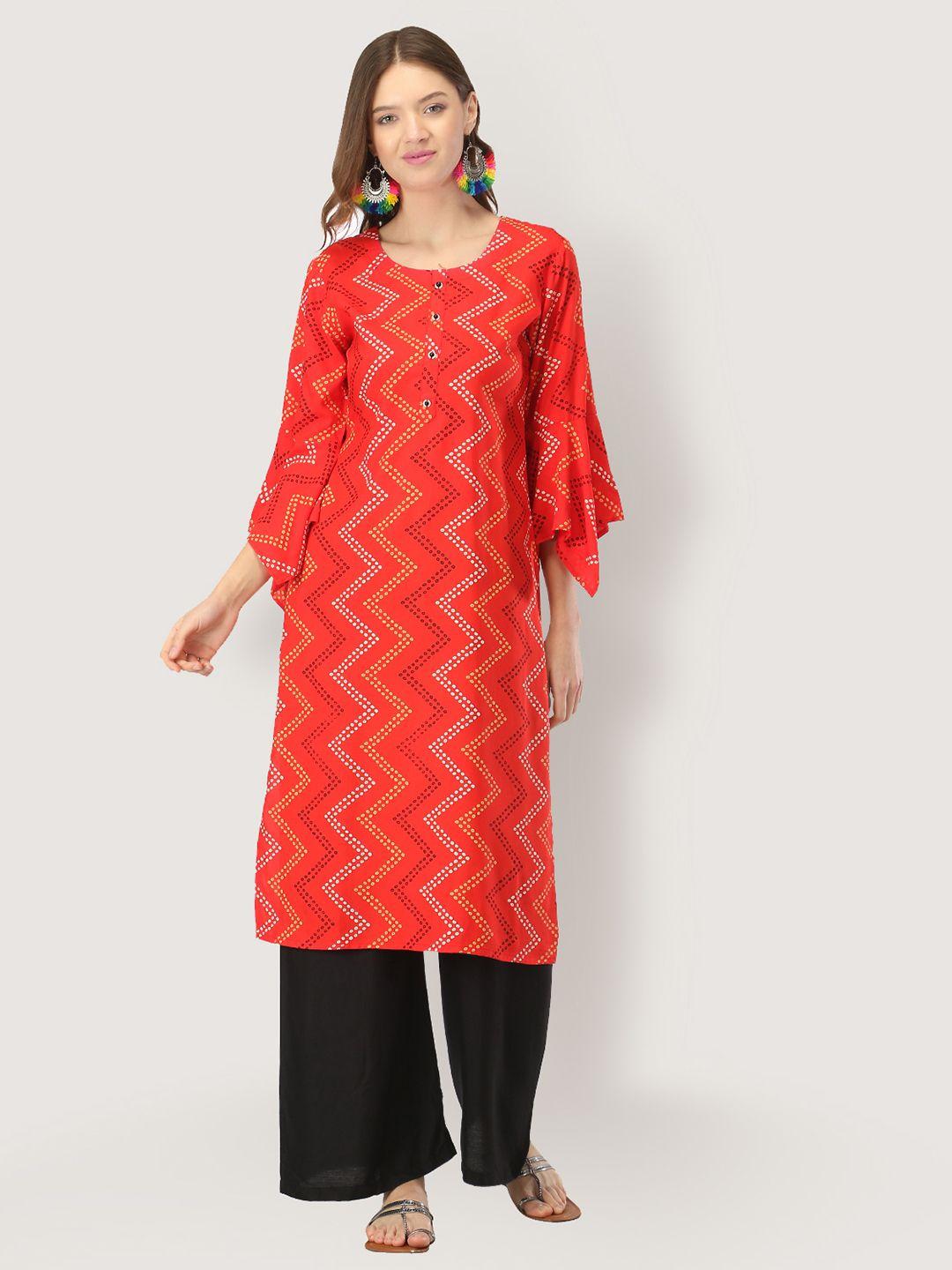 femmibella-red-bandhani-printed-flared-sleeves-kurti