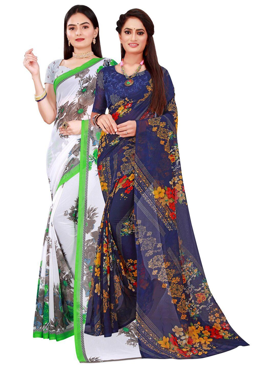 florence-pack-of-2-white-&-navy-blue-floral-pure-georgette-saree