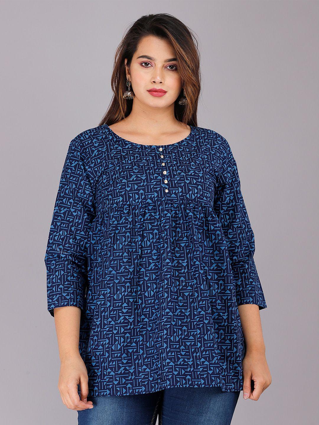 doriya-women-printed-blue-geometric-cotton-blend-top