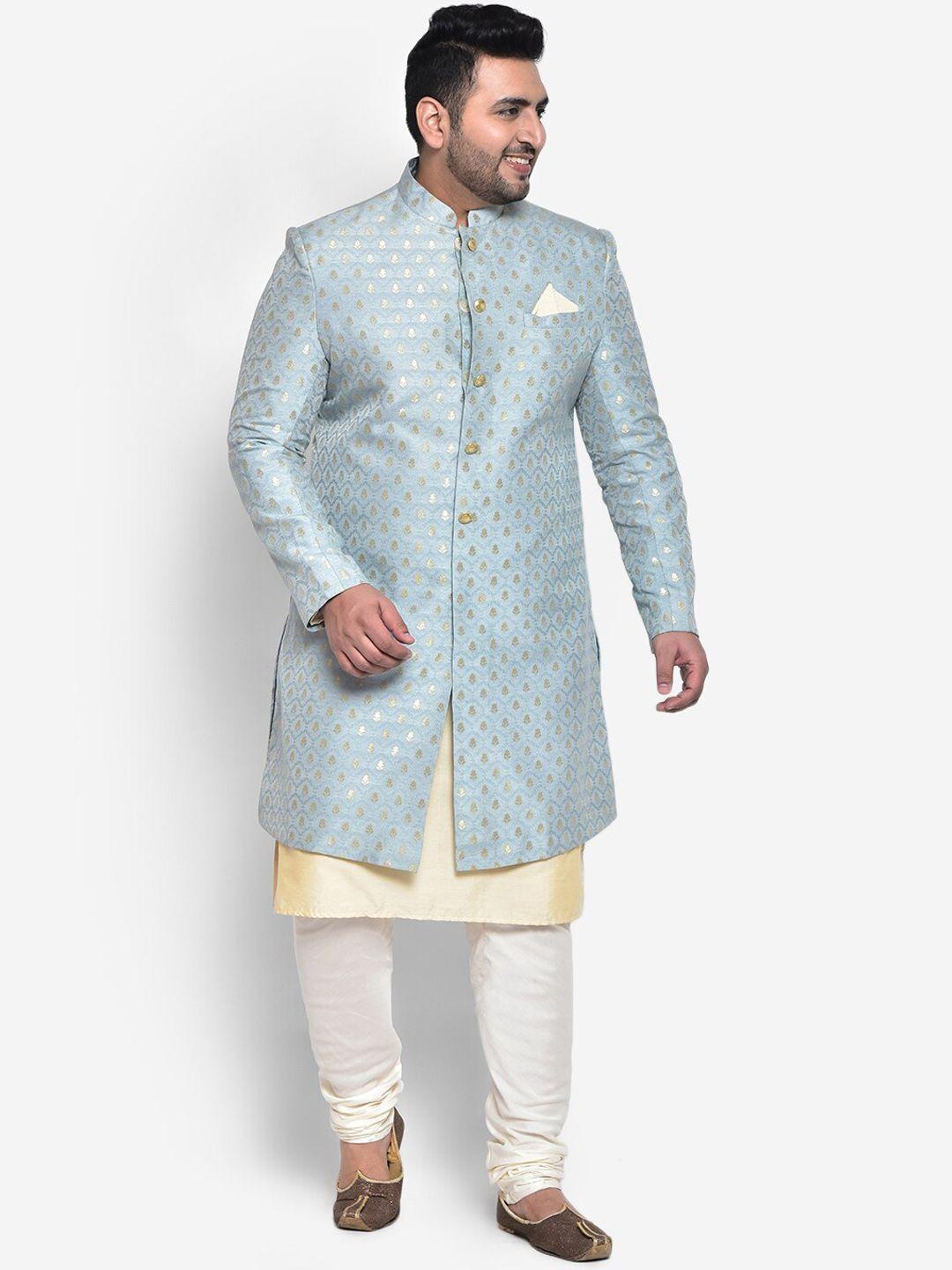 kisah-plus-men-beige-woven-design-sherwani-set