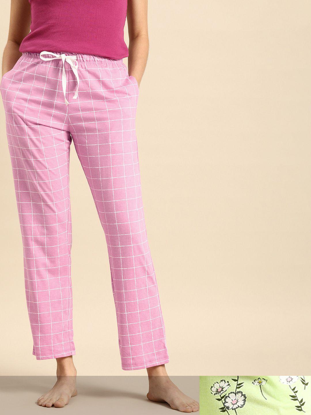 dreamz-by-pantaloons-women-green-&-pink-set-of-2-mid-rise-printed-&-checked-lounge-pants
