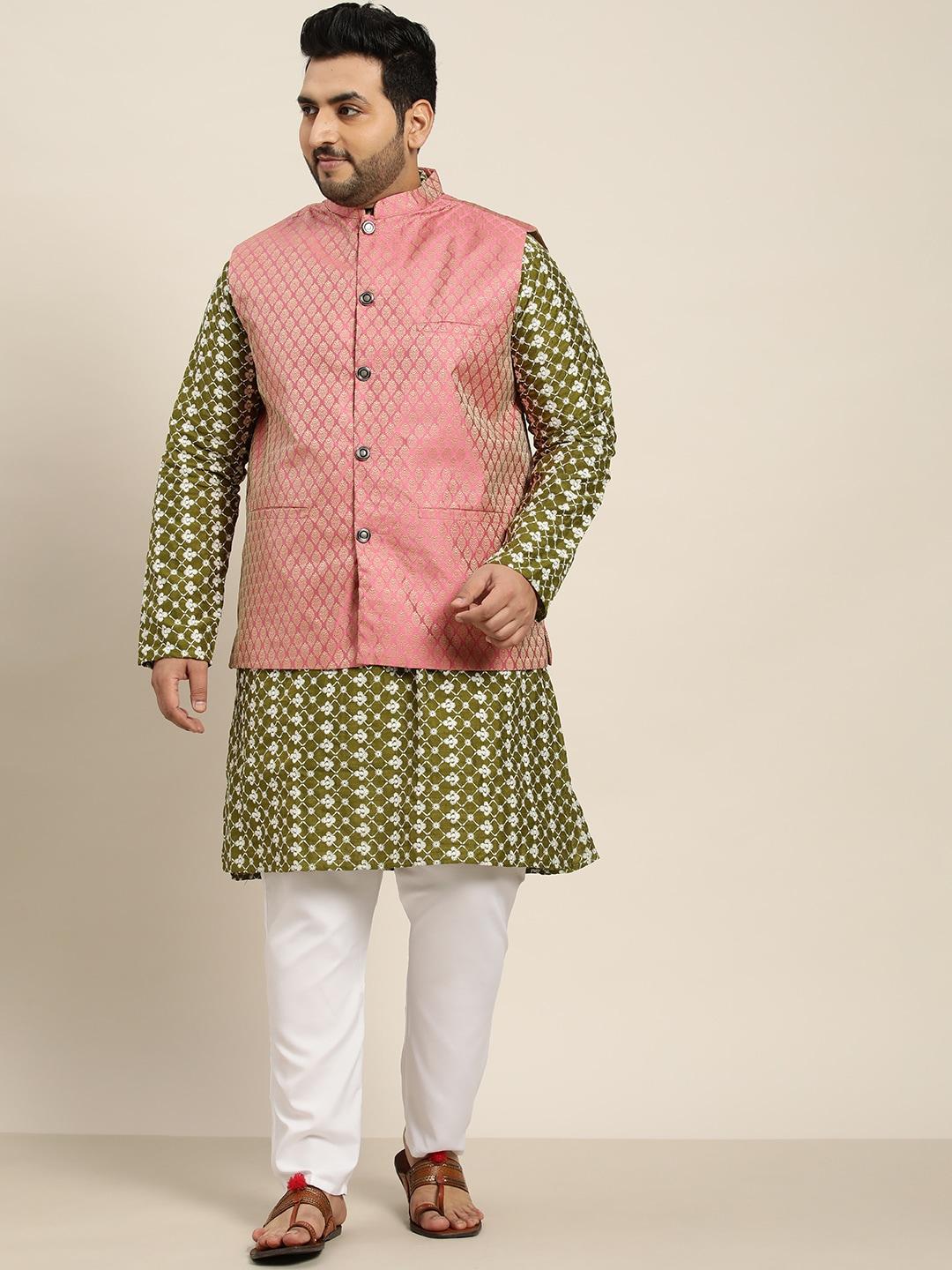 sojanya-plus-men-green-&-white-chikankari-embroidered-kurta-with-churidar-&-nehru-jacket